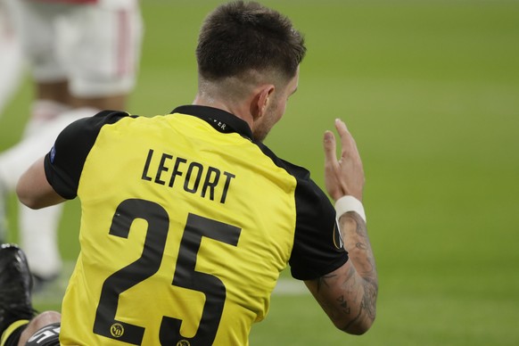 Young Boys&#039; Jordan Lefort reacts after missing a chance to score during the Europa League round of 16 first leg soccer match between Ajax and Young Boys at the Johan Cruyff ArenA in Amsterdam, Ne ...