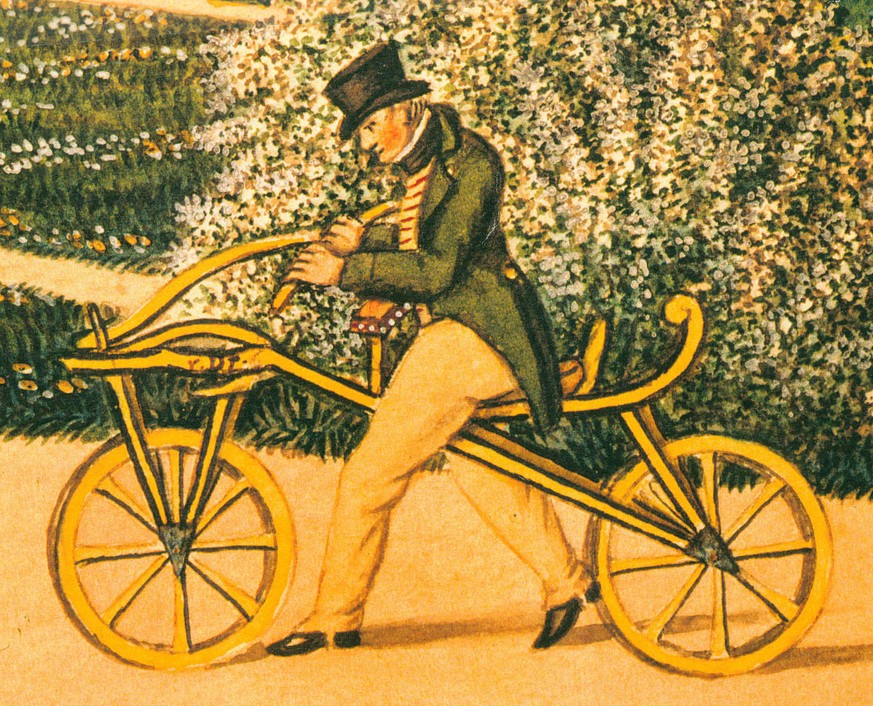 Die Hauptidee der Erfindung sei vom Schlittschuhfahren gekommen, sagte der Erfinder über sein Veloziped. Ohne Pedale musste die Urform des heutigen Fahrrads mit den Füssen auf dem Boden angetrieben werden.