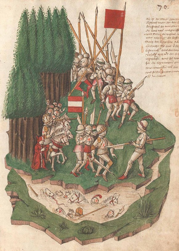Bild aus der Berner Chronik von Benedikt Tschachtlan.
https://www.e-manuscripta.ch/zuz/content/wpage/2402350?query=morgarten