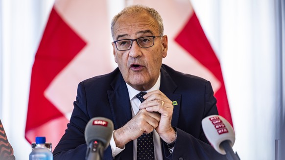 epa13074135 President of the Swiss Confederation Guy Parmelin speaks to reporters after meeting with US Trade Representative Jamieson Greer at the Swiss Residence in Washington, DC, USA, 29 June 2026. ...