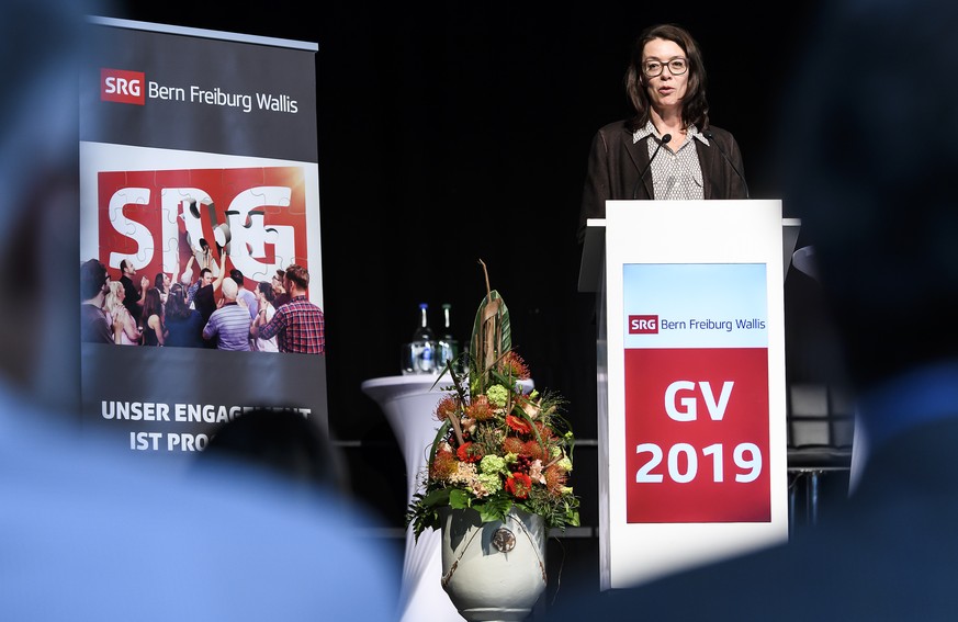 Nathalie Wappler, Direktorin Schweizer Radio und Fernsehen, spricht waehrend der 94. Ordentlichen Generalversammlung der SRG Bern Freiburg Wallis, am Freitag, 3. Mai 2019 in Burgdorf. (KEYSTONE/Anthon ...