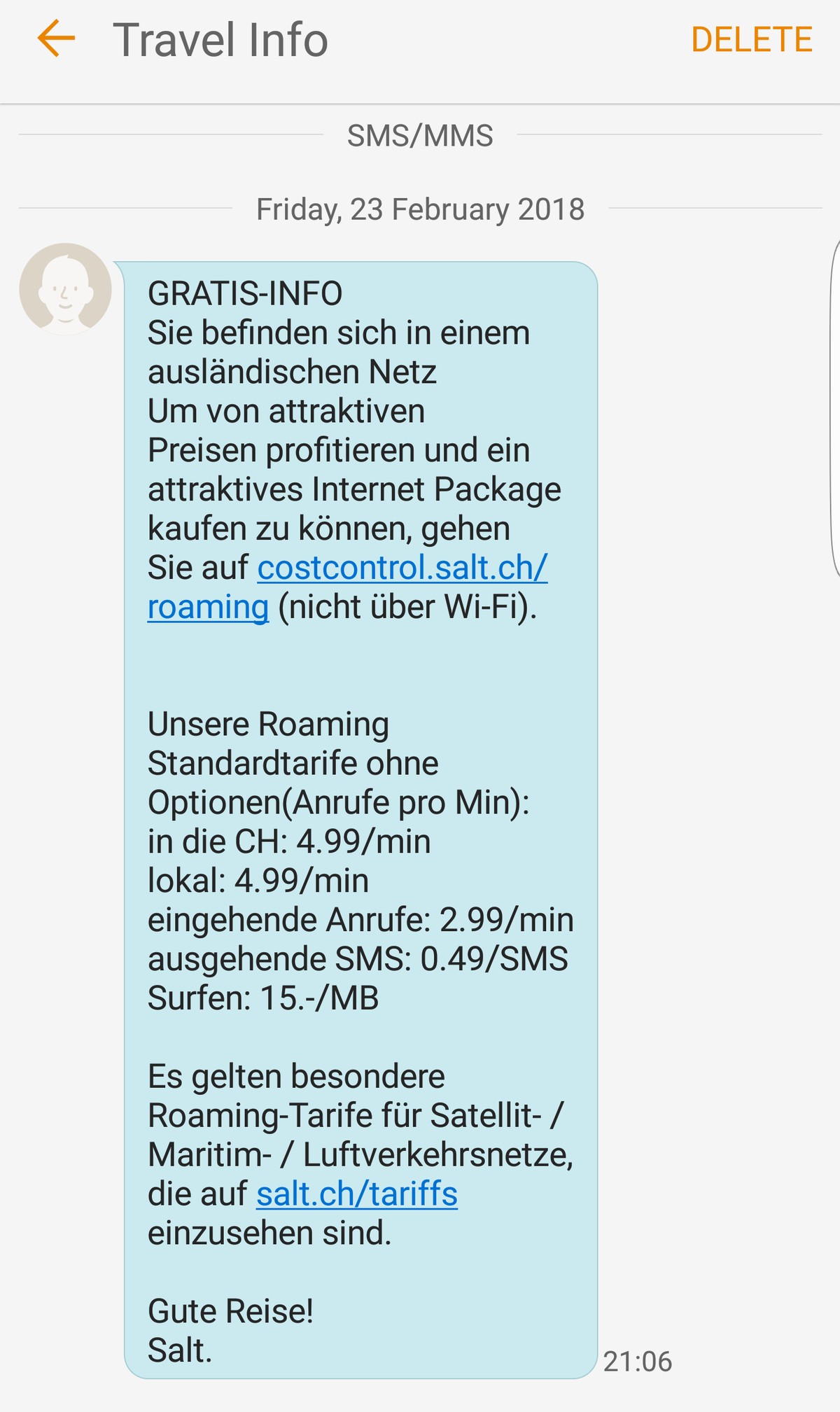 Diese SMS erhielt ich bei meiner Ankunft in Ägypten.