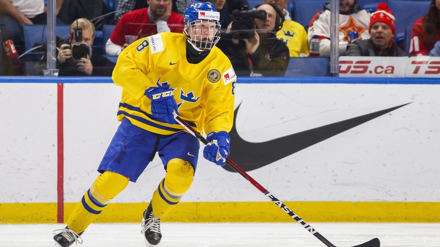 Sweden&#039;s Rasmus Dahlin skates during the second period of an IIHF world junior hockey championships game against Russia in Buffalo, N.Y., Sunday, Dec. 31, 2017. (Mark Blinch/The Canadian Press vi ...