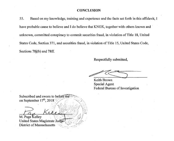 Die unterschriebene Aussage des zuständigen FBI-Agents bei der Strafanzeige vom 17. September 2018.