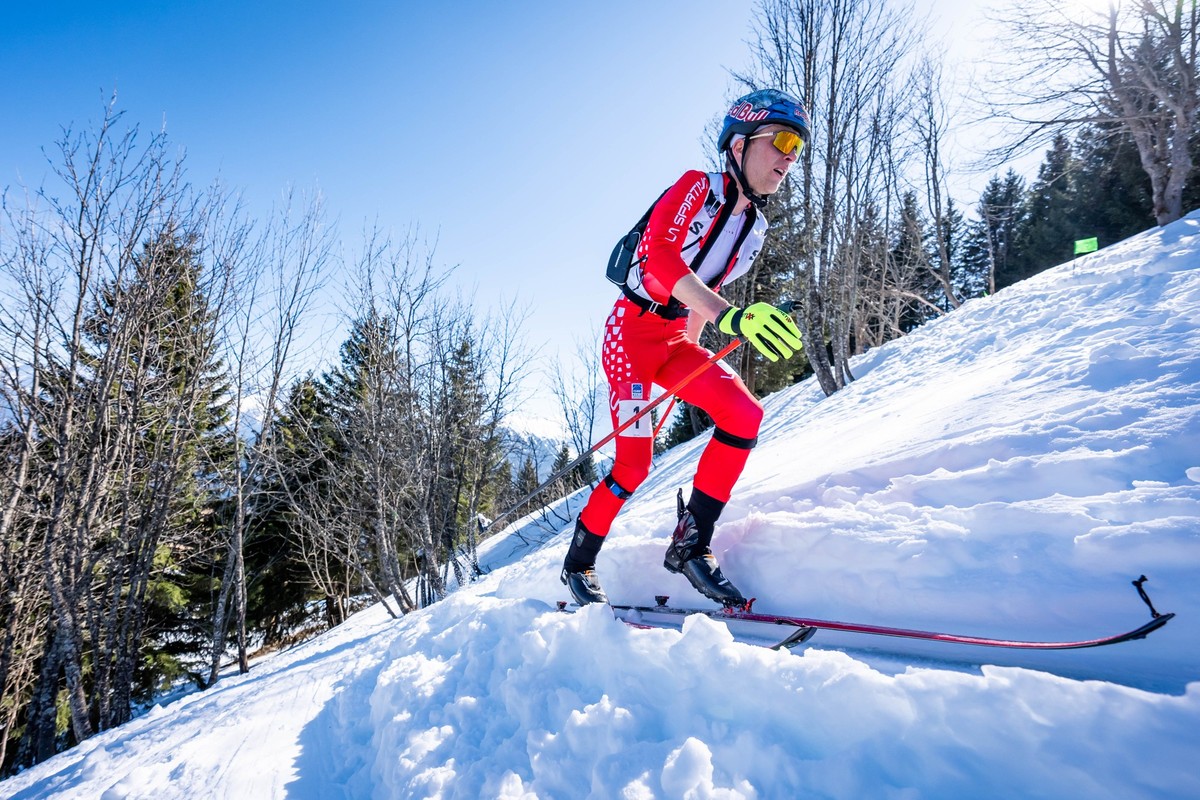 Remi Bonnet of Switzerland, 1st, in action during the Individual race at the ISMF Ski Mountaineering World Championships, in Morgins, Switzerland, Friday, March 7, 2025. (KEYSTONE/Maxime Schmid)