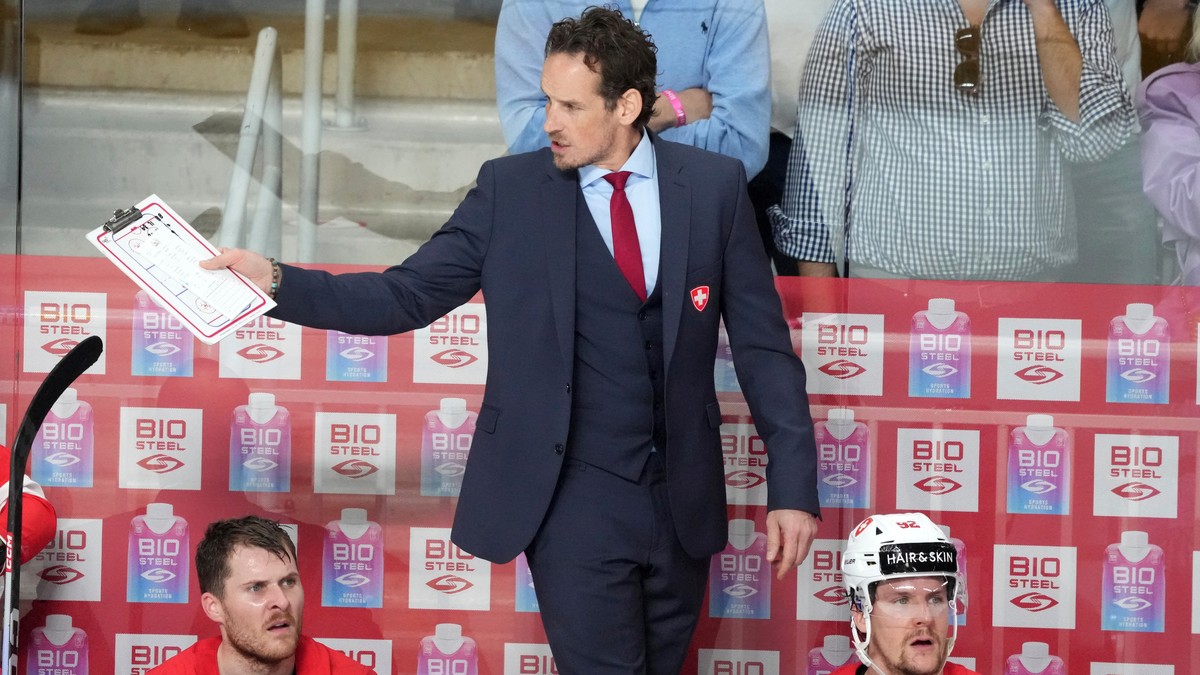 FILE -Head coach Patrick Fischer of Switzerland reacts during the group B match between Latvia and Switzerland at the ice hockey world championship in Riga, Latvia, May 23, 2023. (AP Photo/Roman Koksa ...