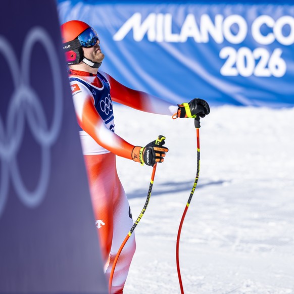 Switzerland's Niels Hintermann at the finish area during the men's second official alpine skiing downhill training at the 2026 Olympic Winter Games at the Stelvio Ski centre in Bormio, Italy ...