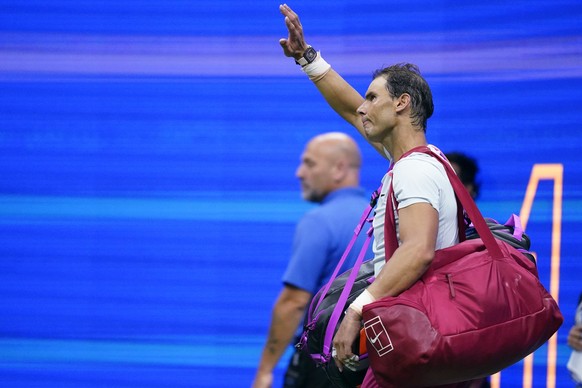 Rafael Nadal, of Spain, waves to fans after his loss to Frances Tiafoe, of the United States, during the fourth round of the U.S. Open tennis championships, Monday, Sept. 5, 2022, in New York. (AP Pho ...