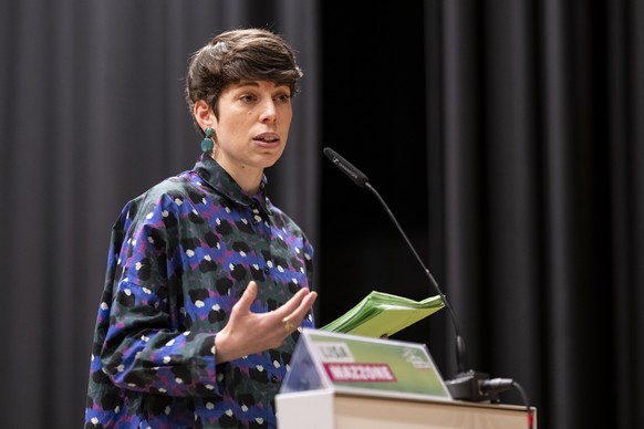 Parteipraesidentin Lisa Mazzone spricht zu den Delegierten, an der Delegiertenversammlung der Gruenen Schweiz, am Samstag, 29. Maerz 2025 in Brig. (KEYSTONE/Alessandro della Valle)