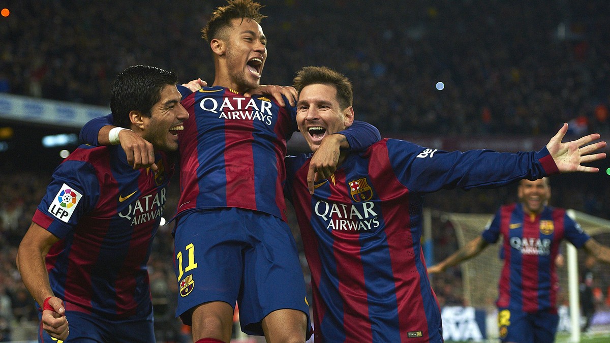 FILE - In this Sunday, Jan. 11, 2015 file photo, FC Barcelona's Lionel Messi, right, Neymar, center, and Luis Suarez, celebrate after scoring against Atletico Madrid during a Spanish La Liga socc ...