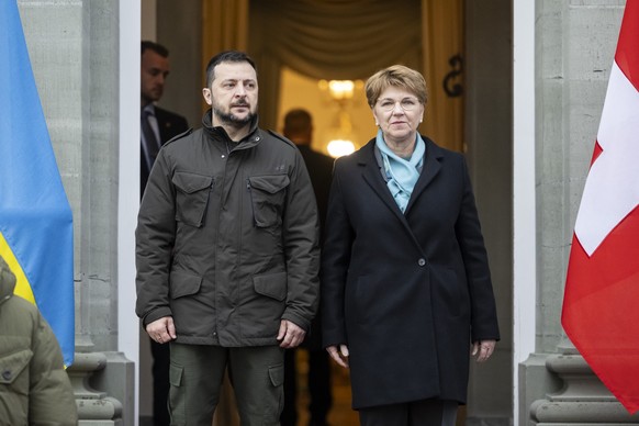 Swiss Federal President Viola Amherd, right, welcomes Volodymyr Zelenskyy, President of Ukraine, on Monday, January 15, 2024 in Kehrsatz near Bern, Switzerland. Zelenskyy will attend the World Economi ...
