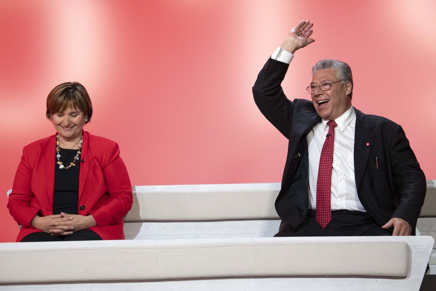 Marina Carobbio-Guscetti, SP, und Filippo Lombardi, CVP, rechts, am Sonntag, 20. Oktober 2019 im Fernsehstudio des RSI in Comano in der Sendung zu den Eidgenoessischen Parlamentswahlen. (KEYSTONE-ATS/ ...