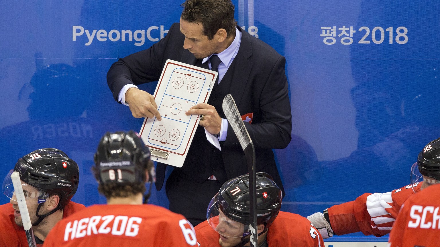 Patrick Fischer, head coach of Switzerland, during the men ice hockey play-off qualification match between Switzerland and Germany in the Kwandong Hockey Center in Gangneung during the XXIII Winter Ol ...