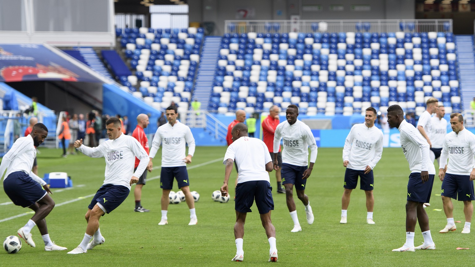 Switzerland&#039;s soccer national team players attend a training session on the eve of the group E match between Switzerland and Serbia of the FIFA soccer World Cup 2018 at the Arena Baltika Stadium, ...