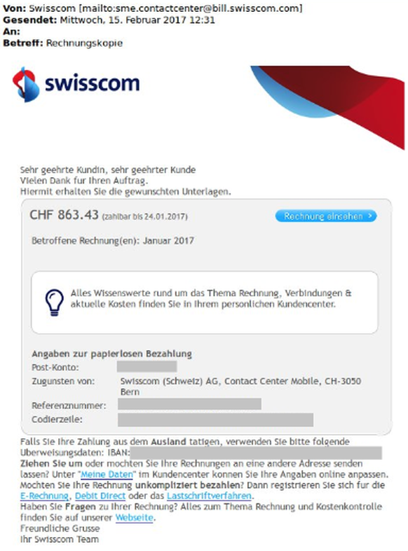 Gefälschte Swisscom-Rechnungen, mit denen Angreifer im Februar 2017 versucht haben, die Schadsoftware Dridex zu verbreiten.