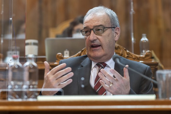 Bundesratspraesident Guy Parmelin spricht zur Kleinen Kammer an der Fruehlingssession der Eidgenoessischen Raete, am Mittwoch, 3. Maerz 2021 im Staenderat Bern. (KEYSTONE/Alessandro della Valle)