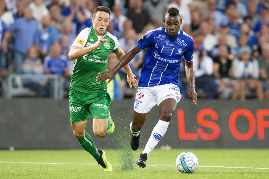 epa06924357 Silvan Hefti (L) of St. Gallen and Rashad Muhammed of Sarpsborg 08 during the UEFA Europa League second round qualifying match between Sarpsborg 08 and St. Gallen in Sarpsborg, Norway, 02  ...