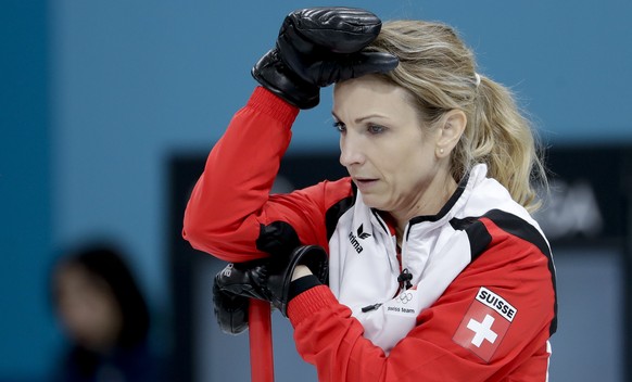 Switzerland&#039;s skip Silvana Tirinzoni looks on during a women&#039;s curling match against South Korea at the 2018 Winter Olympics in Gangneung, South Korea, Friday, Feb. 16, 2018. (AP Photo/Natac ...