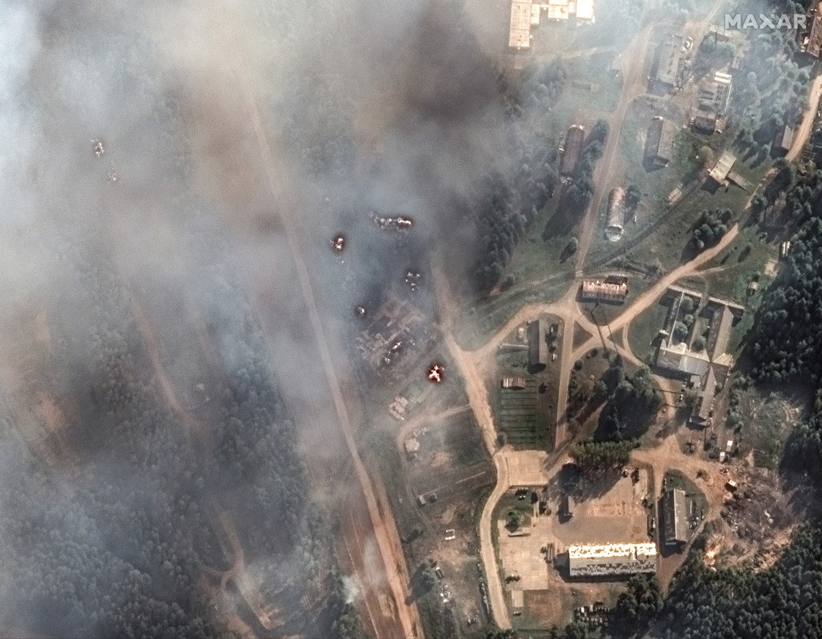 General view of the aftermath of a large series of explosion on an ammunition depot in Toropets, Russia, Wednesday Sept. 18, 2024. (Satellite image �2023 Maxar Technologies via AP)