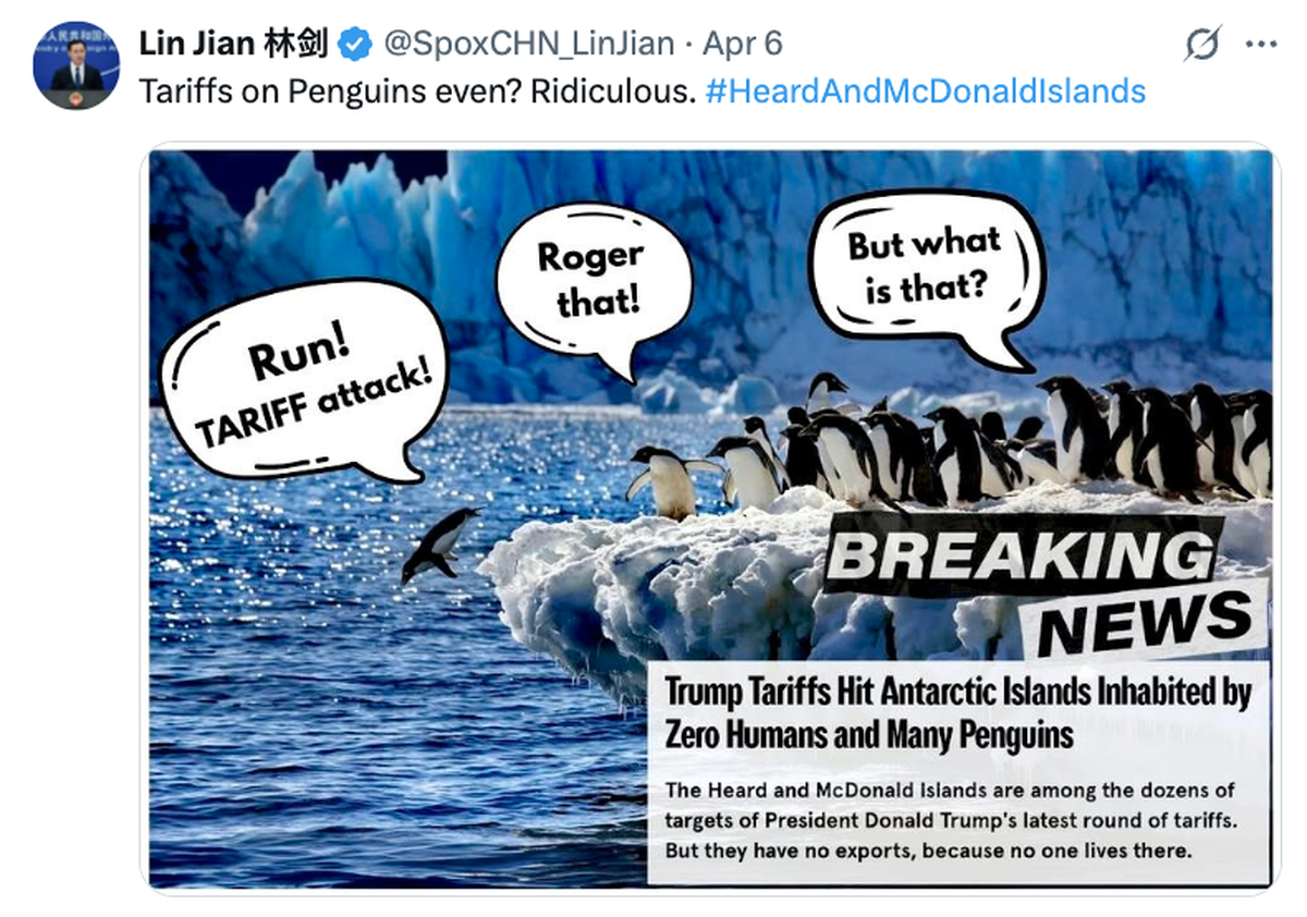 Sprecher des chinesischen Aussenministeriums teilt ein Meme zu Trumps Zöllen.