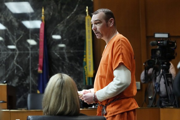 James Crumbley addresses the court during his sentencing, Tuesday, April 9, 2024, in Pontiac, Mich. Jennifer and James Crumbley, the parents of a Michigan school shooter, were sentenced to at least 10 ...