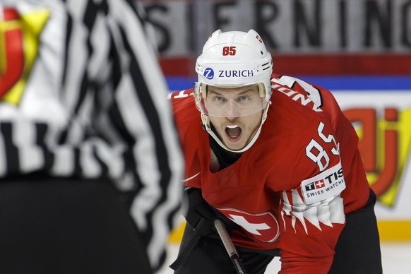 Switzerland&#039;s forward Sven Andrighetto reacts, during the IIHF 2018 World Championship preliminary round game between Switzerland and Austria, at the Royal Arena, in Copenhagen, Denmark, Saturday ...