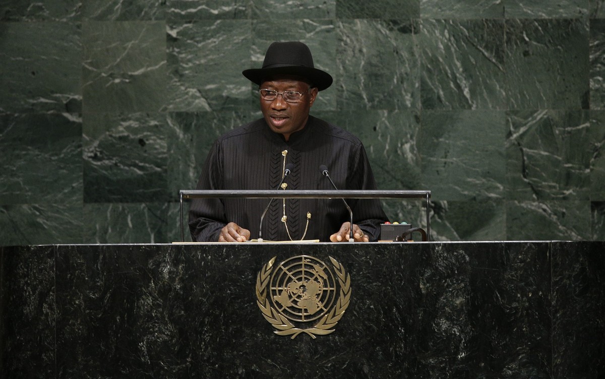epa04416006 Goodluck Ebele Jonathan, President of the Federal Republic of Nigeria speaks during the general debate of the 69th session of the United Nations General Assembly at United Nations headquar ...