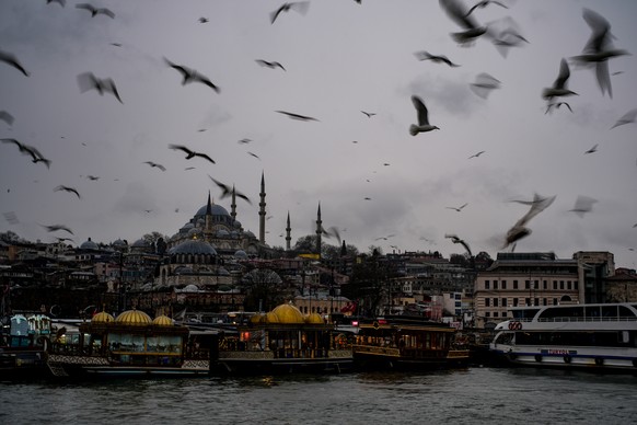 Seagulls fly over the Bosphorus nearby Suleymaniye mosque, background, during a rainy day, in Istanbul, Turkey, Sunday, Jan. 11, 2026. (AP Photo/Emrah Gurel)
Turkey Daily Life