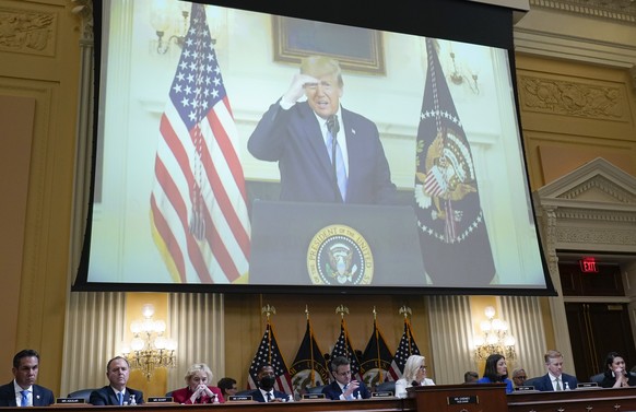 A video of President Donald Trump recording a statement on Jan. 7, 2021, is played, as the House select committee investigating the Jan. 6 attack on the U.S. Capitol holds a hearing at the Capitol in  ...