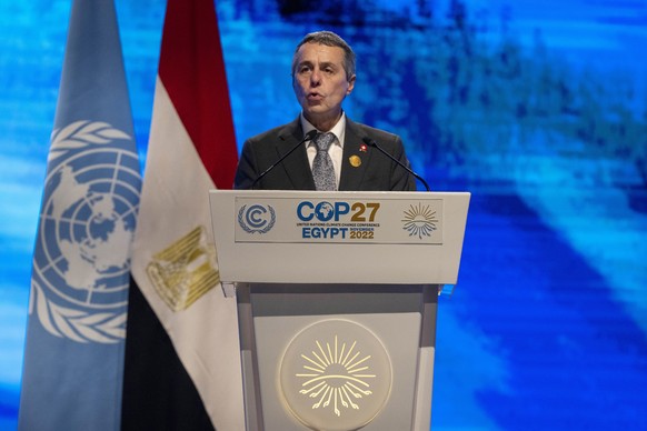 Ignazio Cassis, president of Switzerland speaks at the COP27 U.N. Climate Summit, Monday, Nov. 7, 2022, in Sharm el-Sheikh, Egypt. (AP Photo/Nariman El-Mofty)
