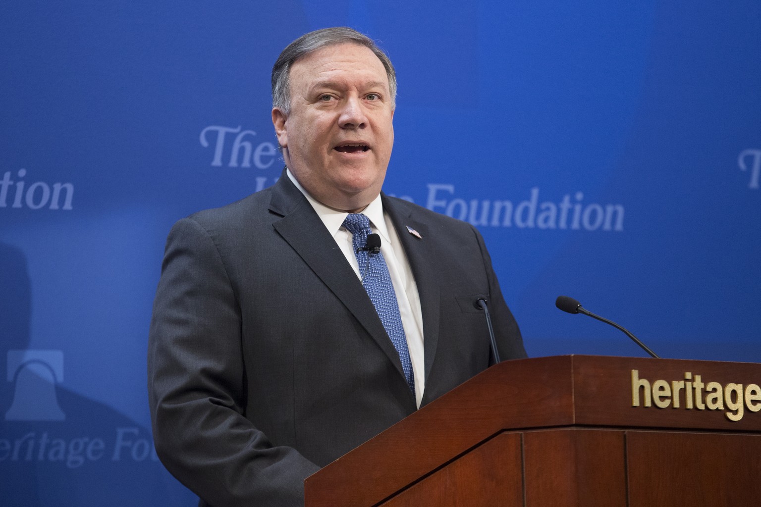 epa06754214 US Secretary of State Mike Pompeo delivers remarks on &#039;After the Deal - A New Iran Strategy&#039;, at the Heritage Foundation in Washington, DC, USA, 21 May 2018. EPA/MICHAEL REYNOLDS