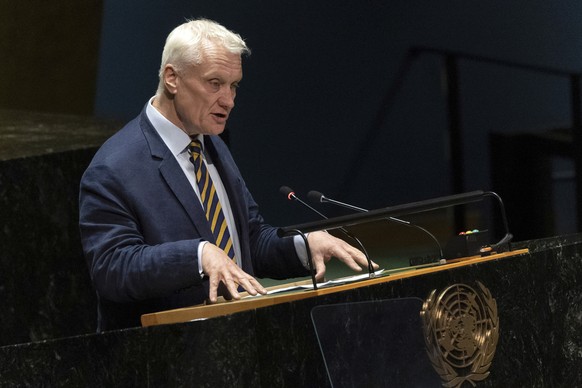 Britain&#039;s Minister of State for Foreign Commonwealth and Development Affairs Graham Stuart addresses the 2022 Nuclear Non-Proliferation Treaty (NPT) review conference, in the United Nations Gener ...