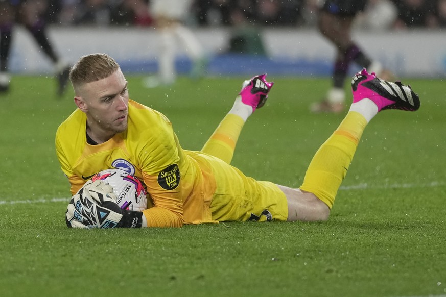 Brighton&#039;s goalkeeper Jason Steele in action during the Premier League soccer match between Brighton and Hove Albion and Crystal Palace at the American Express Community Stadium in Brighton, Engl ...