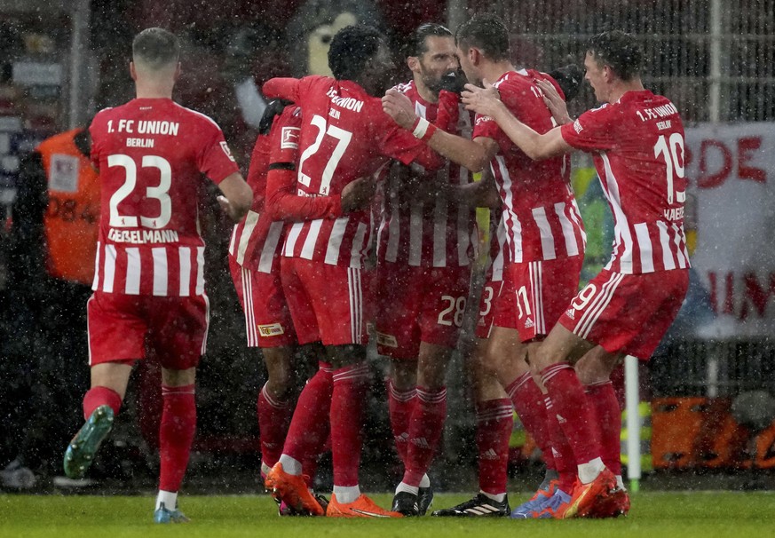 Union&#039;s players celebrate their side&#039;s first goal during the German Bundesliga soccer match between 1. FC Union Berlin and TSG 1899 Hoffenheim in Berlin, Germany, Saturday, Jan. 21, 2023. (A ...