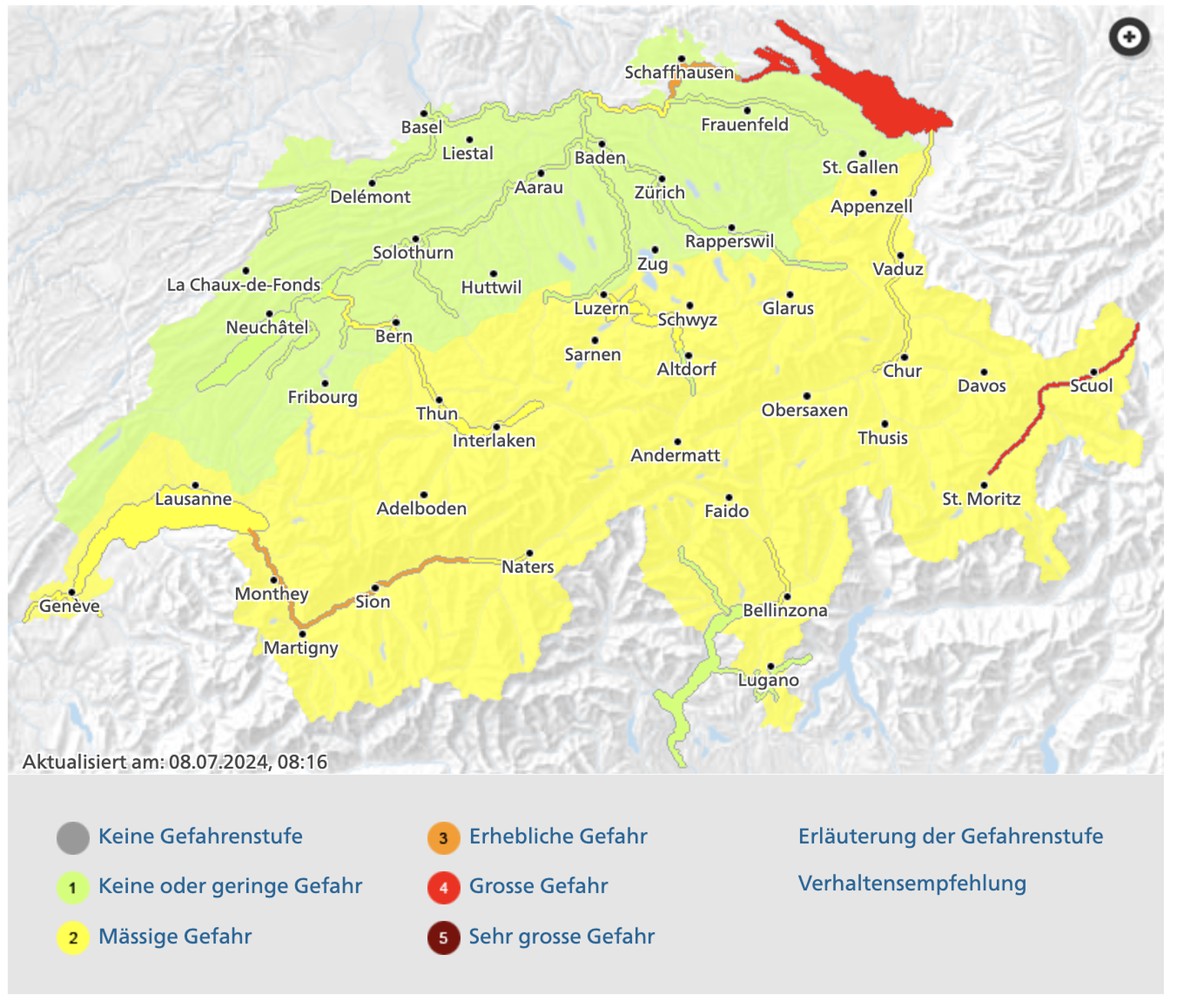 So sieht die aktuelle Hochwasserlage in der Schweiz aus, 8. Juli 2024.