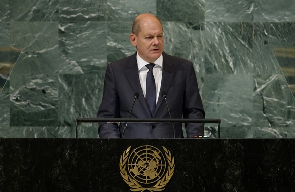 Chancellor of Germany Olaf Scholz addresses the 77th session of the United Nations General Assembly, at U.N. headquarters, Tuesday, Sept. 20, 2022. (AP Photo/Jason DeCrow)
