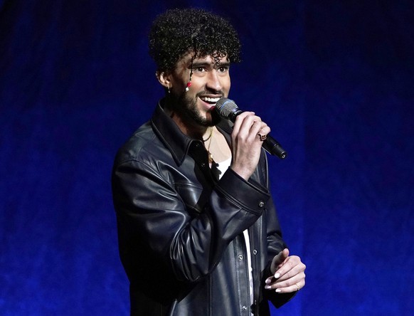 FILE - Bad Bunny speaks during the Sony Pictures Entertainment presentation at CinemaCon 2022 in Las Vegas on April 25, 2022. In March 2023, Bad Bunny's ex-girlfriend is suing the superstar for at least $...