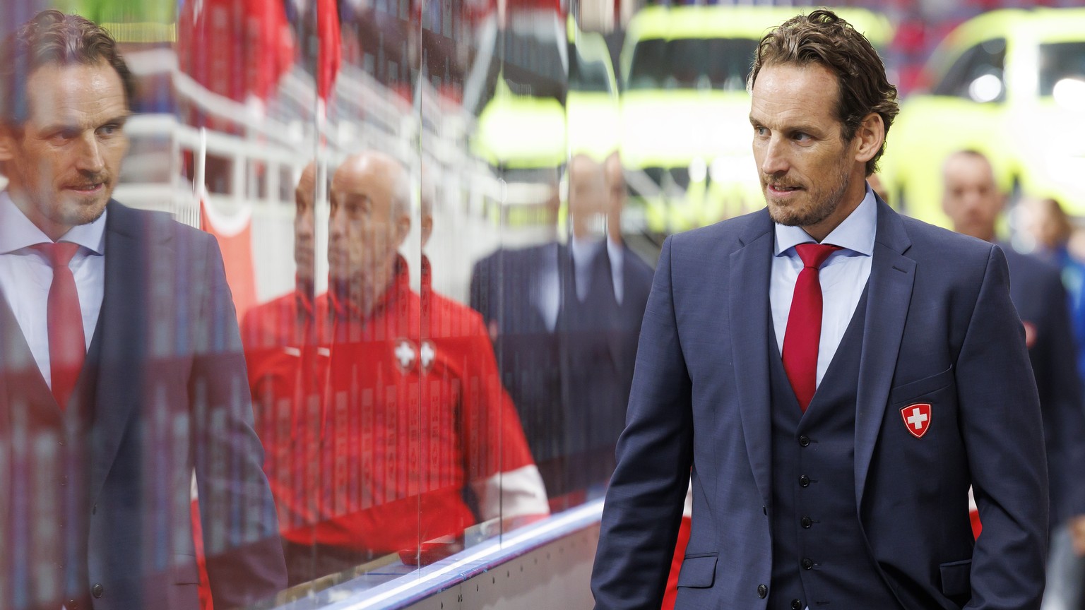 Patrick Fischer, head coach of Switzerland national ice hockey team, returns to cloak room, during the IIHF 2023 World Championship preliminary round group B game between Norway and Switzerland, at th ...