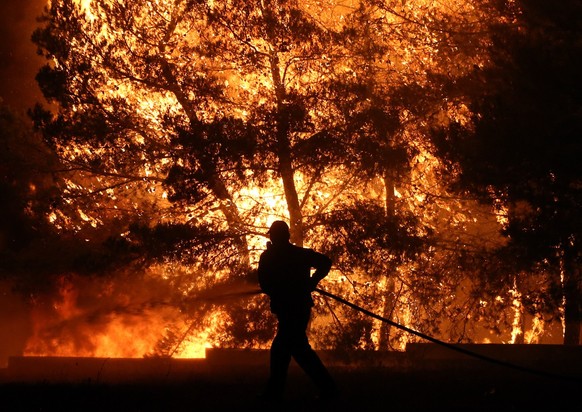 epa12227960 A firefighter battles a wildfire that broke out near the village of Asprochori in the region of Oropos, East Attica, Greece, 09 July 2025, leading to the evacuation of residents. A total o ...