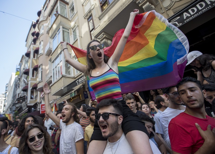 epa06855972 Members of LGBT community shout slogans at Gay Pride parade in Istanbul, Turkey, 01 July 2018. Gay Pride marches are taking place across the world to promote LGBT rights and condemn discri ...