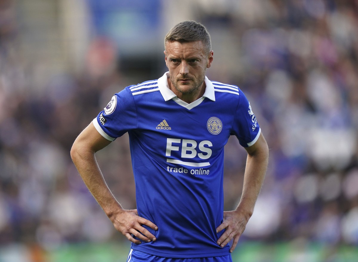 Leicester City's Jamie Vardy looks on during the Premier League match between Leicester City and Crystal Palace at the King Power Stadium in Leicester, Britain, Saturday Oct. 15, 2022. (Tim Goode ...