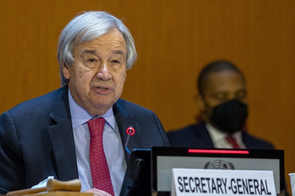 epa09465407 UN Secretary-General Antonio Guterres addressing for the High-Level Ministerial Event on the Humanitarian Situation in Afghanistan, at the European headquarters of the United Nation, in Ge ...