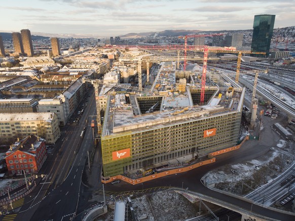 Aufsicht auf die Baustelle des neuen Polizei- und Justizzentrums (PJZ) auf dem Areal des Gueterbahnhofs in Zuerich Aussersihl-Hard, aufgenommen am 29. Januar 2019. (KEYSTONE/Christian Beutler)