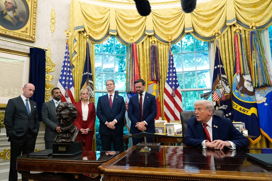 President Donald Trump speaks after signing an executive order regarding TikTok in the Oval Office at the White House, Thursday, Sept. 25, 2025, in Washington, as White House deputy chief of staff Ste ...