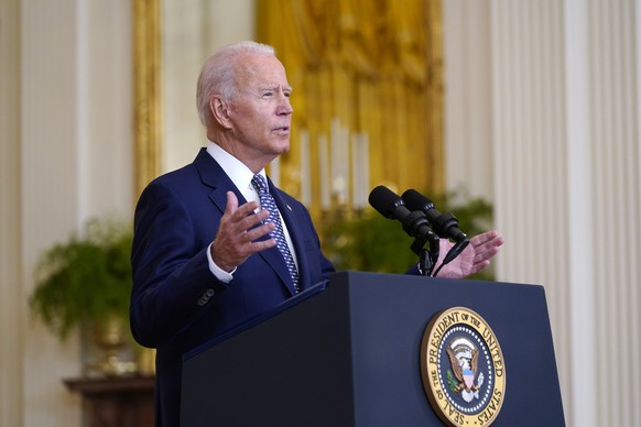President Joe Biden speaks about the bipartisan infrastructure bill from the East Room of the White House in Washington, Tuesday, Aug. 10, 2021. With a robust vote after weeks of fits and starts, the  ...