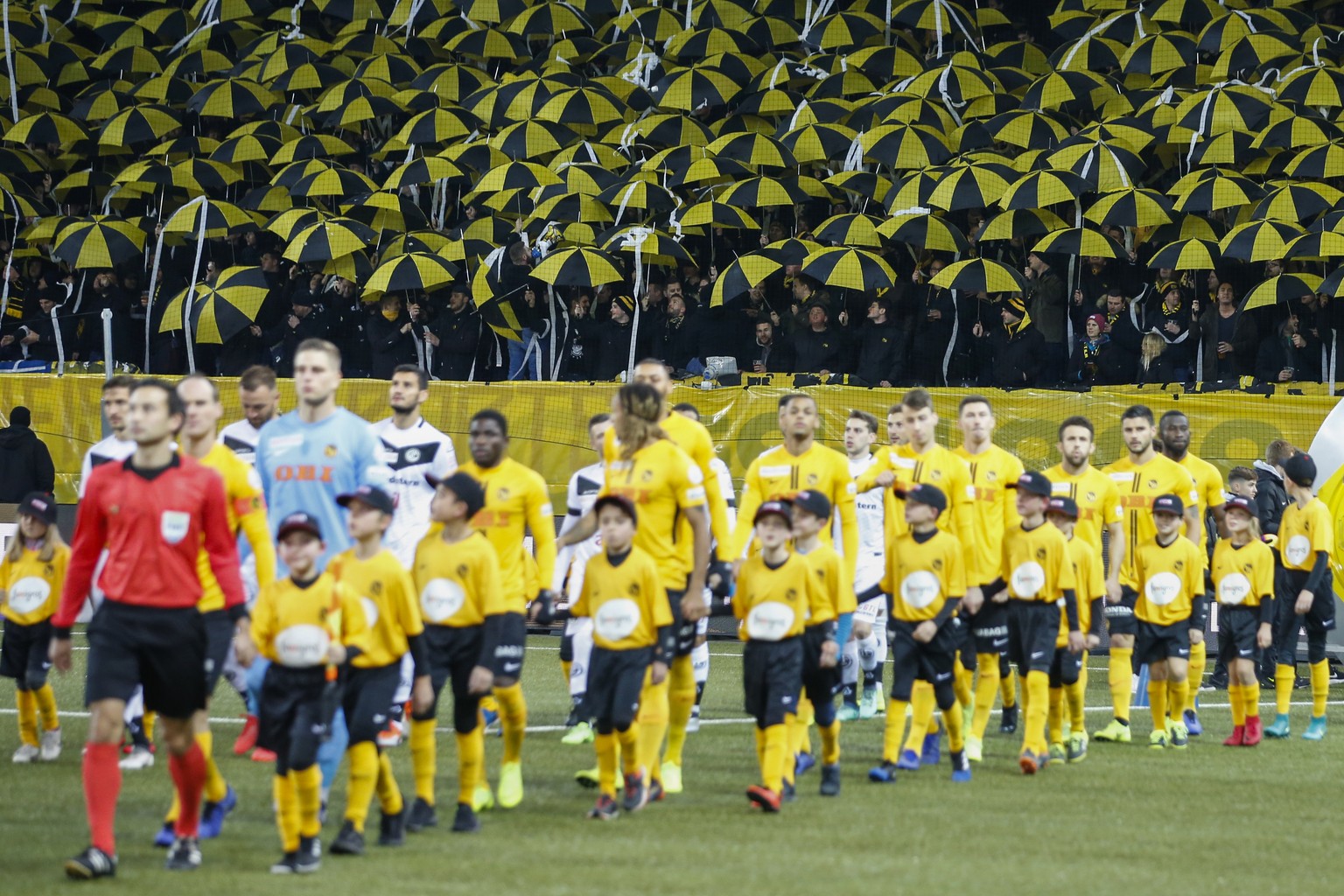 YB-Fans halten gelb-schwarze Schirme waehrend die Teams aufs Spielfeld kommen, vor dem Super League Spiel zwischen dem BSC Young Boys Bern und dem FC Lugano, am Samstag, 24. November 2018 im Stade de  ...