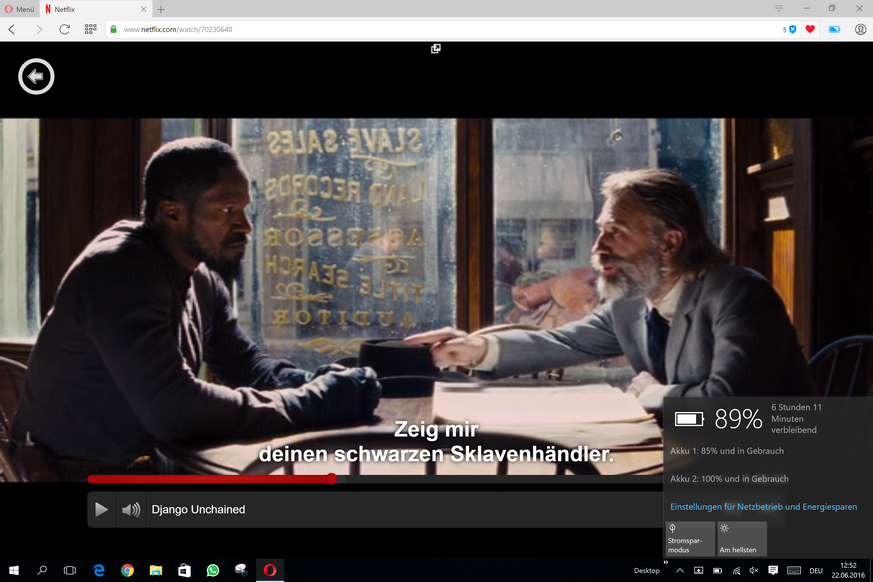 Ist die Energiesparfunktion im Opera&nbsp;aktiviert (oben rechts zu sehen) könnte man hochgerechnet etwa 9 Stunden Netflix streamen.