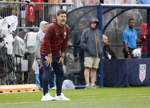 United States head coach Mauricio Pochettino encourages his team during the first half of an international friendly soccer game against Turkey, Saturday, June 7, 2025, in East Hartford, Conn. (AP Phot ...