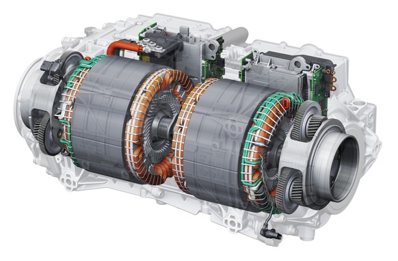 Twin-drive e-tron S: X-ray view of the two electric motors each with one power electronics module (at rear in illustration) and one reduction gearbox (at side)