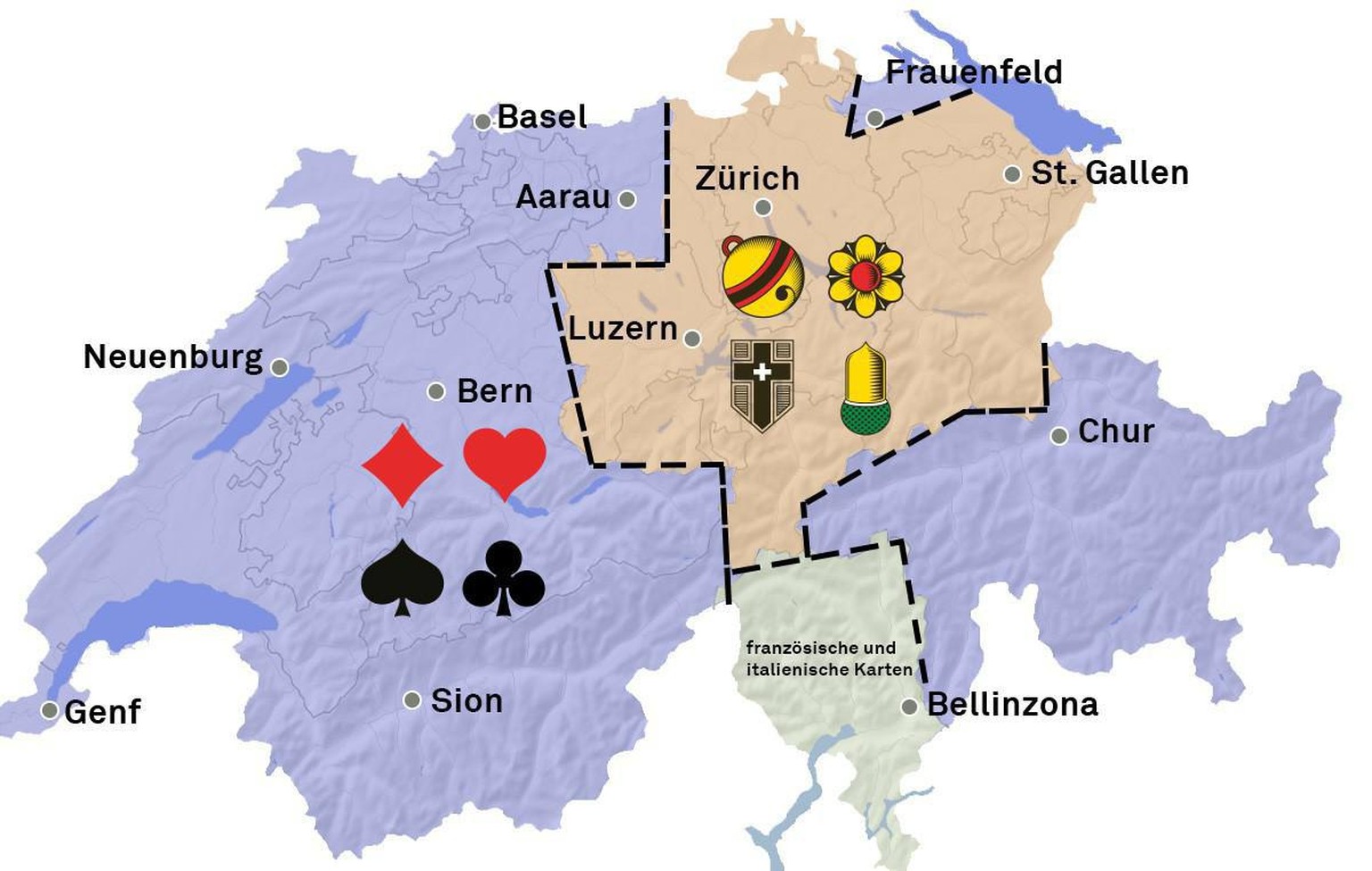 Die Verbreitung unterschiedlicher Jasskarten in der Schweiz.